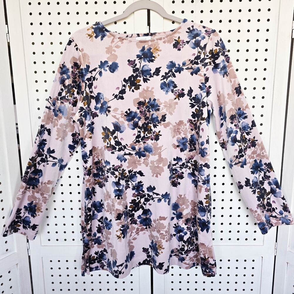 J Jill Pure Jill Velour Tunic Pink Floral Long Sleeve Top with Pockets SIZE M